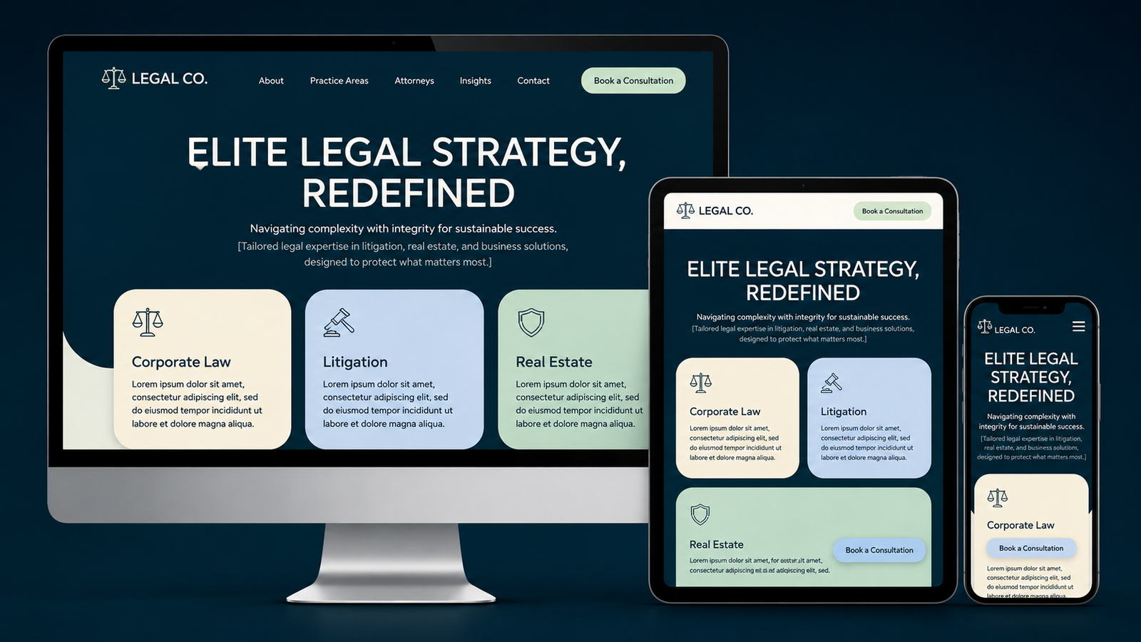 Mockup of a structured law firm website showing navigation, service pages and lawyer profiles