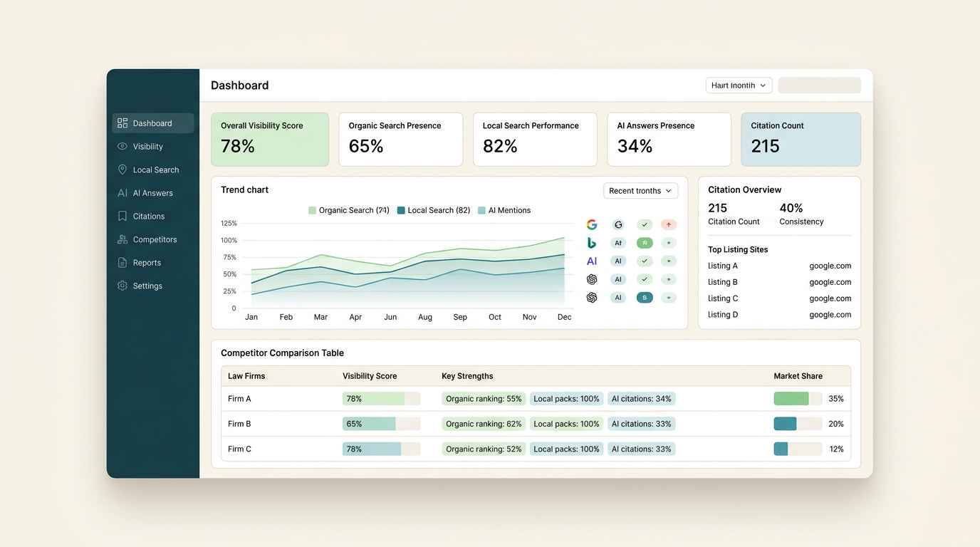 Search ecosystem showing Google, AI platforms, directories, reviews and law firm websites